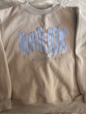 White Fox Boutique Beige Crewneck Sweatshirt with White Logo